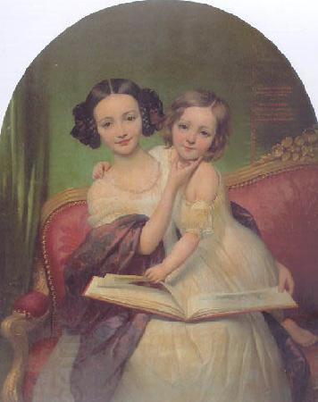 Joseph-Desire Court Portrait de Marguerite Louise Cibiel et de Marie Aglaure Cibiel assises sur un sofa, feuilletant un livre